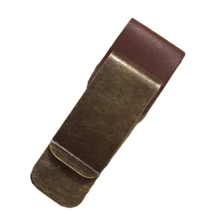 Bronze metal pen clip with brown leather loop for notebook planner organizer stationery.