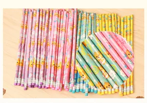 Detail view of colorful HB wooden pencils featuring cute cartoon bear patterns and erasers.