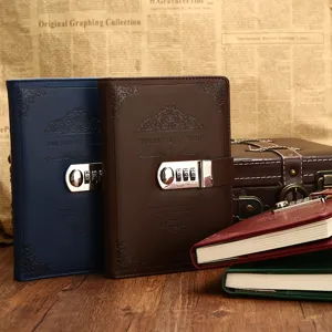 A5 vintage password notebook with lock, thick retro diary journal for business and daily writing.