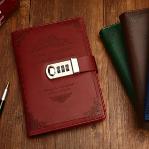 Vintage A5 PU leather notebook with combination lock diary journal for daily writing.