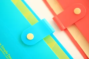Close-up detail of colorful A4 plastic accordion document folder snap button design office supply.