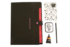 Detailed shot of 8-pocket black A4 accordion document folder with stationery props on white background.