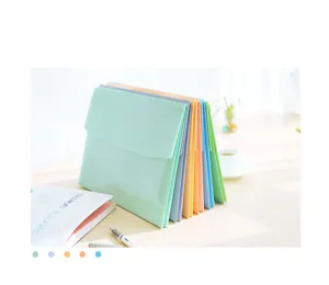 Accordion file folder organizer with multi-color candy design on a tidy wooden desk.