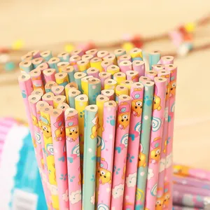 Cute cartoon print triangular wooden pencils set for students writing and drawing supplies