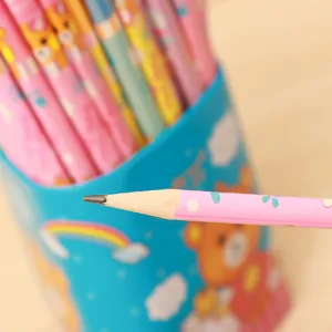 Cute cartoon HB wooden pencils set with storage tin bucket for students writing and art.