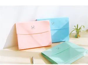 Candy color plastic document folder with cute smile face design for office storage.