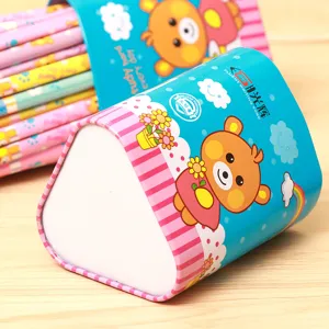 Triangle tin box HB pencil set with cute cartoon bear design for students writing