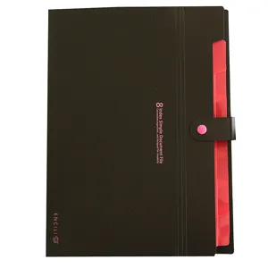 Black A4 8-pocket accordion folder with pink index tabs and snap button for office document storage