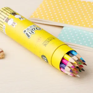 Wooden 18-color colored pencils set in a cylindrical packaging for painting and art.