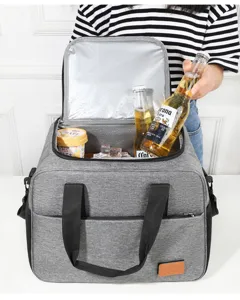 Grey insulated lunch bag large capacity cooler bag with aluminum foil lining for outdoor picnic