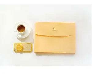 Yellow plastic envelope document bag stationery file folder clean background detail view