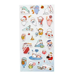 Cute cartoon seal sticker sheet for journal and phone decor. Detailed view of adorable animal designs.