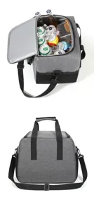 Large capacity gray insulated lunch bag, portable waterproof picnic cooler bag with strap.