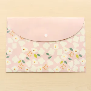 Cute pink floral A4 document folder with snap button, waterproof PP file storage bag.