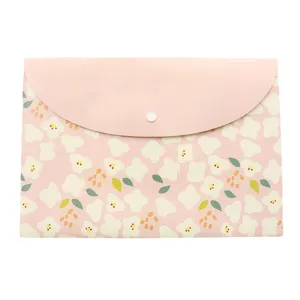 A4 Waterproof Plastic File Folder Cute Pink Floral Document Bag with Snap Button Storage