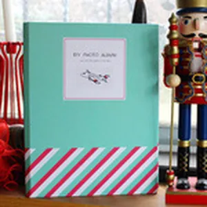 DIY photo album handmade memory book turquoise cover with red and white stripes design