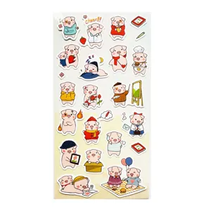 Cute cartoon pig stickers sheet, sweet animal adhesive decals for journal and phone decoration.
