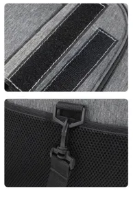 Close-up detail view of gray insulated lunch bag hardware, featuring durable Velcro and buckles.