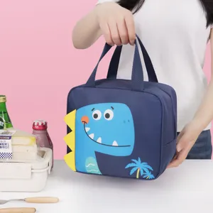 Cute cartoon dinosaur insulated lunch bag for students and office workers, blue square.
