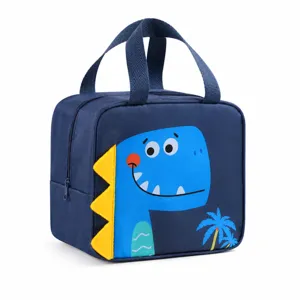 Cute cartoon dinosaur insulated lunch bag for students and office workers, navy blue thermal tote.
