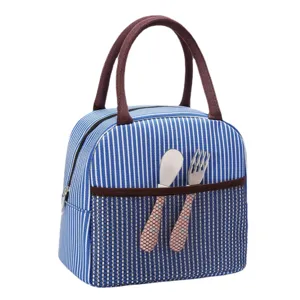 Insulated lunch bag with blue white stripes, portable waterproof cooler bag for food
