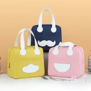 Korean Insulated Lunch Bag Cute Smiley Oxford Cloth Portable Bento Box Tote Bag Waterproof Food Storage Organizer