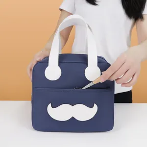 Cute canvas lunch bag with mustache design, blue insulated cooler handbag for daily use.