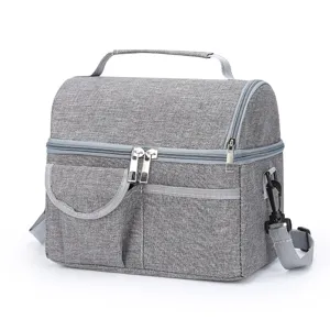 Grey insulated lunch bag with double layers, waterproof oxford cloth, and shoulder strap.