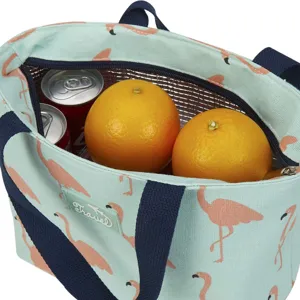 Nordic style linen insulated lunch bag with cute flamingo pattern and aluminum foil lining.