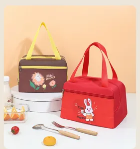 Insulated lunch bag detail showcasing cute rabbit cartoon print, durable fabric and zipper.