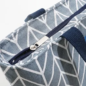 Close-up view of Nordic style geometric pattern thermal lunch bag zipper and textured fabric detail.