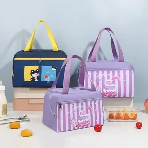 Cute cartoon insulated lunch bag for office and school, portable thermal bento storage tote box.