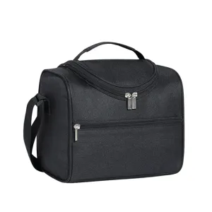 Black oxford cloth double-layer thermal lunch bag, portable insulated cooler mommy bag.