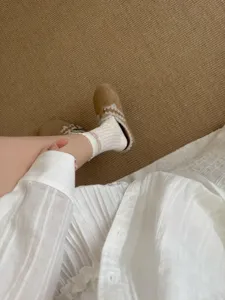 Summer sheer white polka dot lace mid-tube socks, breathable mesh hollow out design for women.