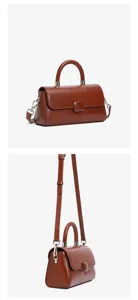 Close-up details of the brown leather handbag, showing exquisite stitching and hardware.