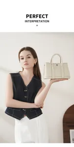 Elegant genuine leather garden tote bag for women, classic retro fashion handbag with top handle.