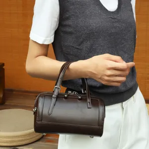 Dames Echt Lederen Schoudertas Stedelijk Minimalistisch Effen Kleur Handvat Handtas Retro Boston Tas Mode Schoudertas