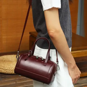 Koreaanse stijl echt lederen cilinder schoudertas, minimalistische effen Boston handtas voor dames.