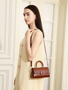 Brown leather handbag for women, elegant top-handle shoulder crossbody bag, chic daily use.