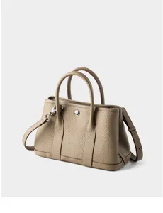 Classic genuine leather tote bag for women, stylish pebbled top handle bucket bag with strap.