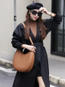 Women Casual Genuine Leather Crescent Bag Vintage Solid Color Underarm Hobo Bag Fashion Large Capacity Shoulder Tote Bag