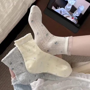 Close-up detail of Korean style floral lace trim socks and cute polka dot short socks.