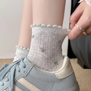 Korean style women summer thin floral socks with lace ruffle trim and cute heart patterns short.