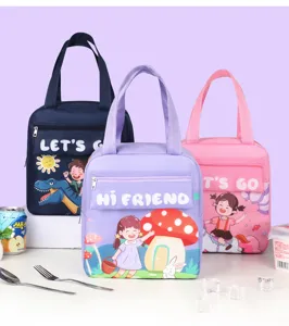 Detailed view of portable insulated lunch bags in three cute cartoon designs with handy pockets.