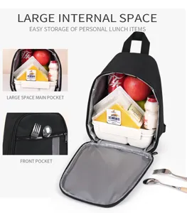 Insulated lunch bag with large internal space, thick aluminum foil lining and front pocket.