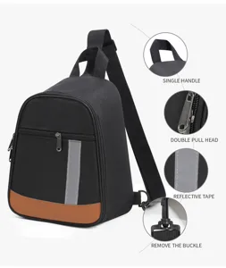 Close-up detail of the black sling backpack showing single handle, double pull head and strap.