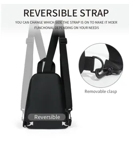 Detail view of black sling bag featuring a reversible adjustable strap and removable clasp.
