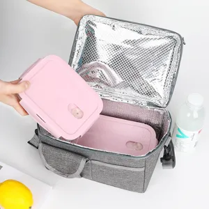 Double deck insulated lunch bag with foil lining, portable cooler bag for outdoor meals.