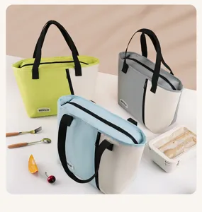Portable insulated lunch bag set with color block design, large capacity cooler bag.