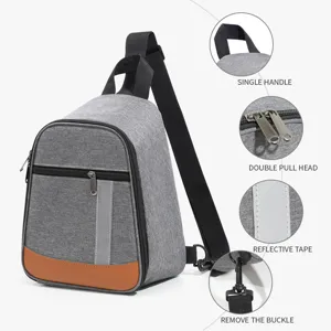 Grey single shoulder backpack lunch bag with durable fabric, reflective tape and dual zippers.